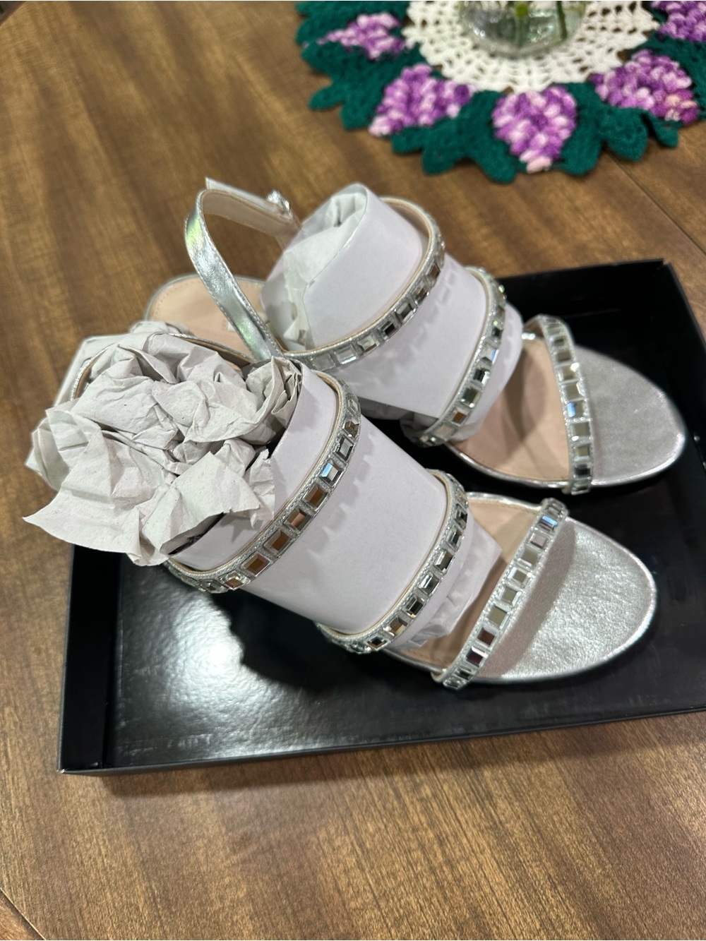 Nina White and Silver Jeweled Slingback Heels